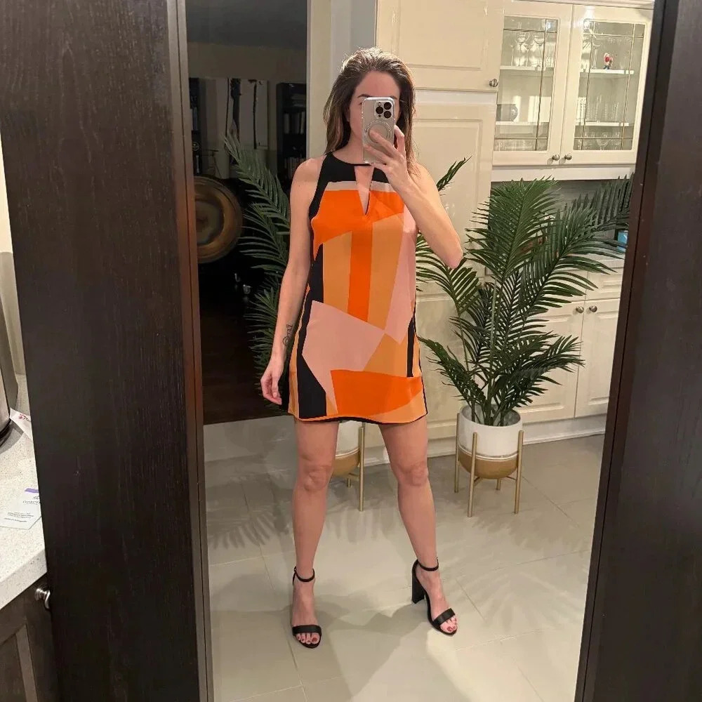 Orange  Geometric Print Dress, Parker, US S